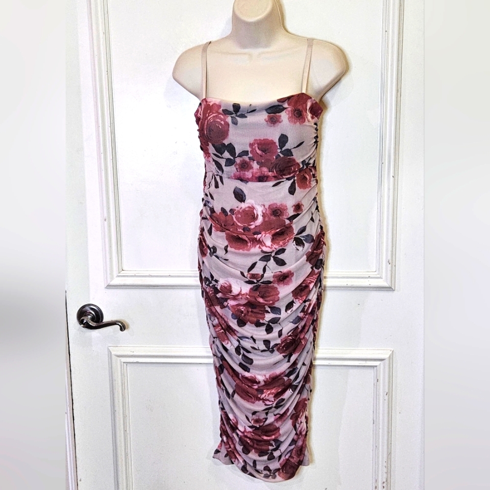 Speechless Pink/Beige Multi-Color Floral Ruched Mesh Midi Dress,X-Large Juniors